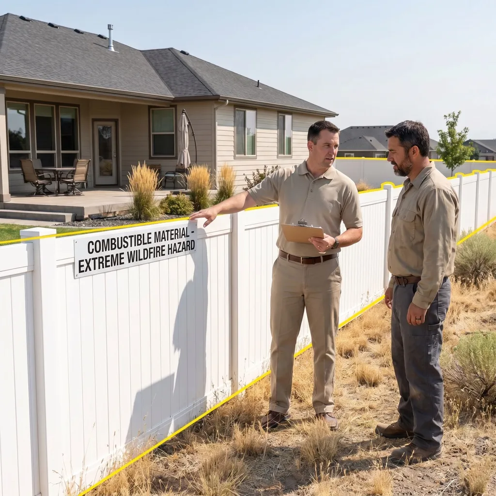 Two assessors beside a white vinyl fence tagged with a notice reading Combustible Material, Extreme Wildfire Hazard.