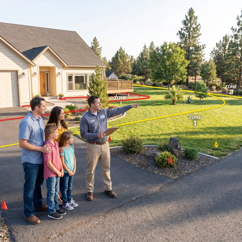 A design consultant standing on a driveway with a family, pointing out the defensible-space zones marked on their lawn.