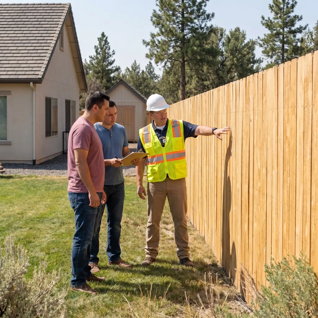 An inspector in a hard hat and high-visibility vest showing two homeowners a wooden fence running up to their house.