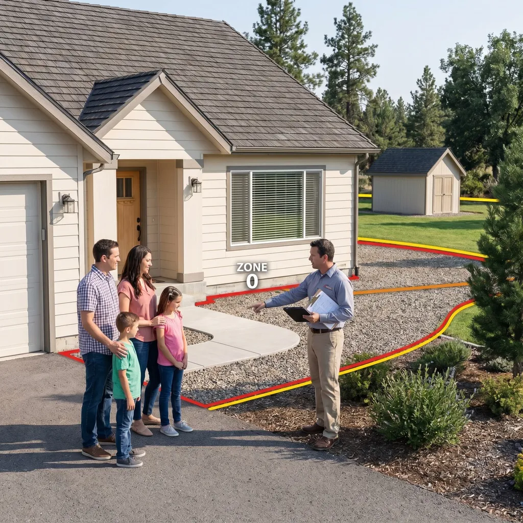 A consultant showing a family the Zone 0 band marked on the ground tight against their house wall.