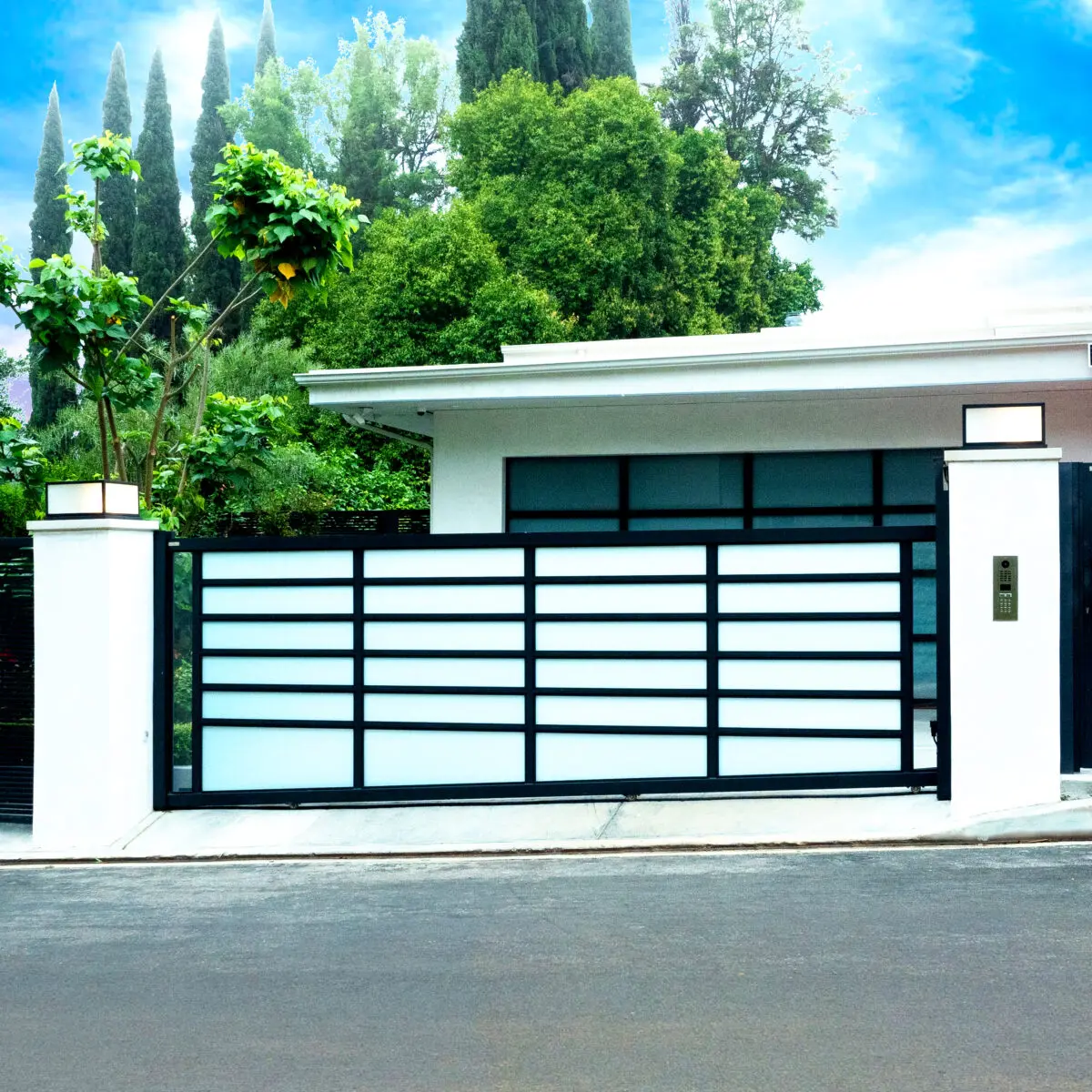 White Glass Sliding Driveway Gate, Aluminum glass gate, Mulholland brand, gates and fences, Mulholland gates