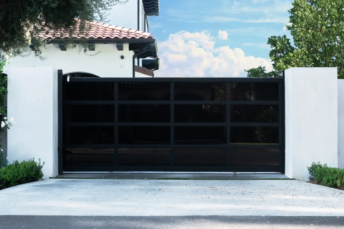 Aluminum black glass gate, Mulholland brand, gates and fences, Mulholland gates, black glass gate