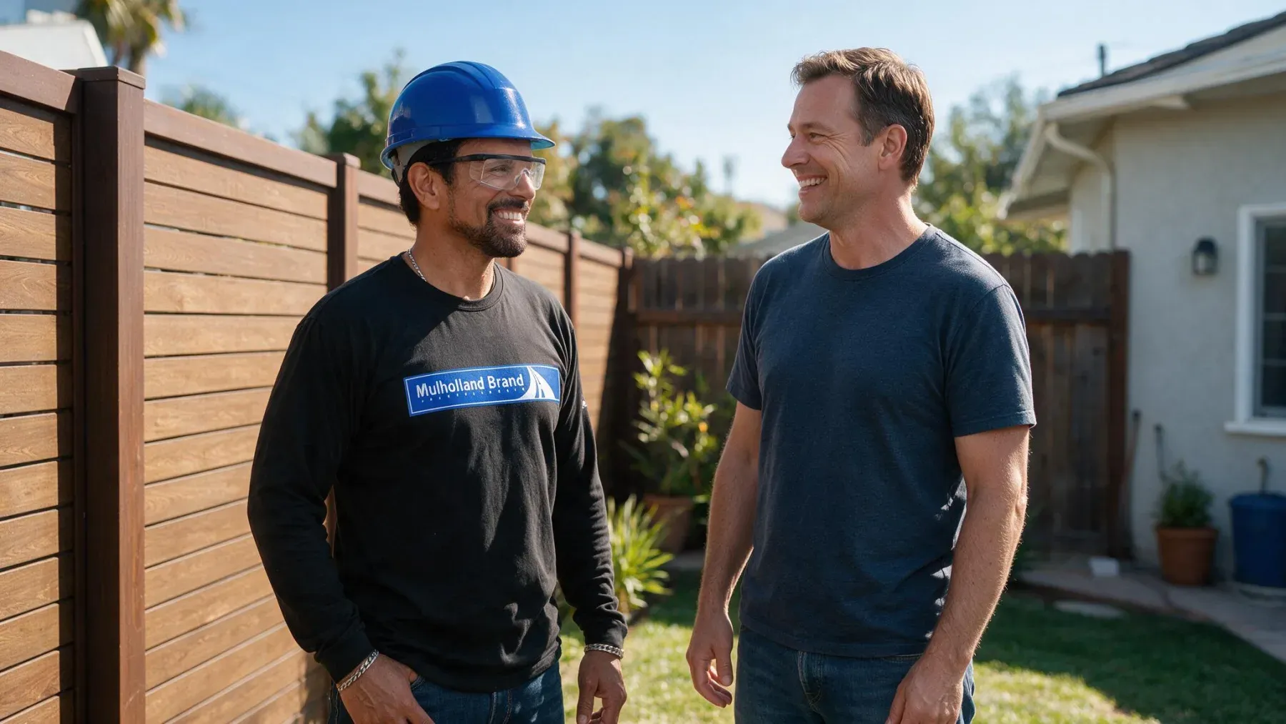 A Mulholland installer talking with a homeowner beside a new fence