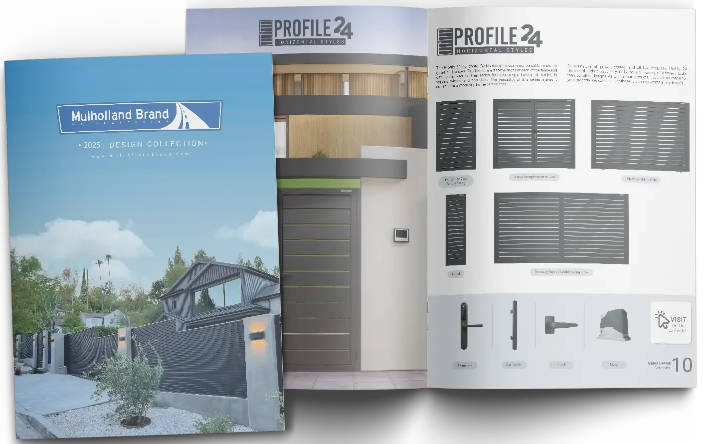 The Mulholland Brand 2025 Design Collection catalog, open to the Profile 24 specification pages