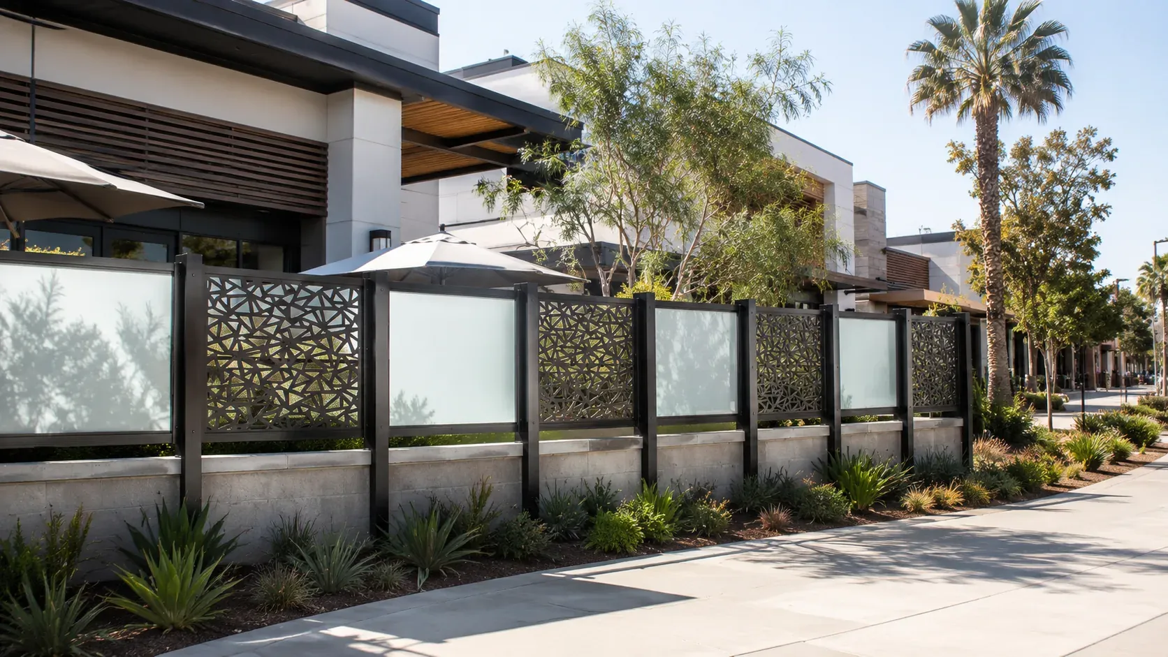 Aluminum privacy screens along the sidewalk edge of a retail centre's outdoor dining terrace