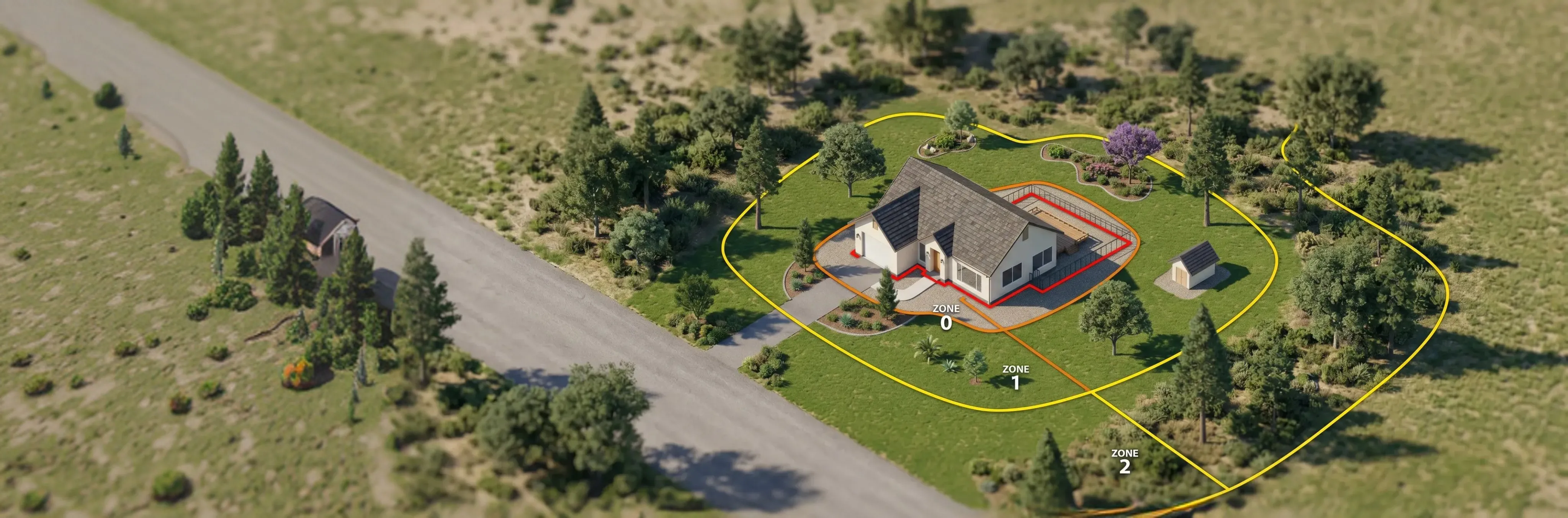 An aerial view of a single-family home with the three defensible-space zones drawn around it: a red band tight against the structure, an orange ring beyond it, and a wide yellow perimeter reaching to the property line.