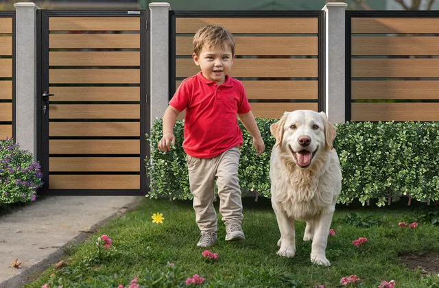 A child and a dog in a garden in front of a wood-like aluminum fence
