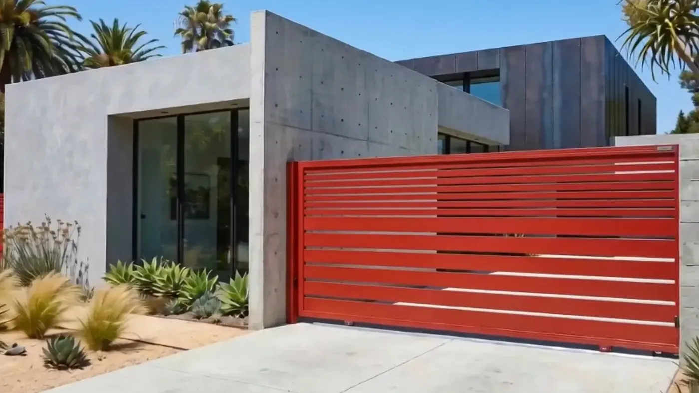 A wide aluminum driveway gate closed across a residential drive.