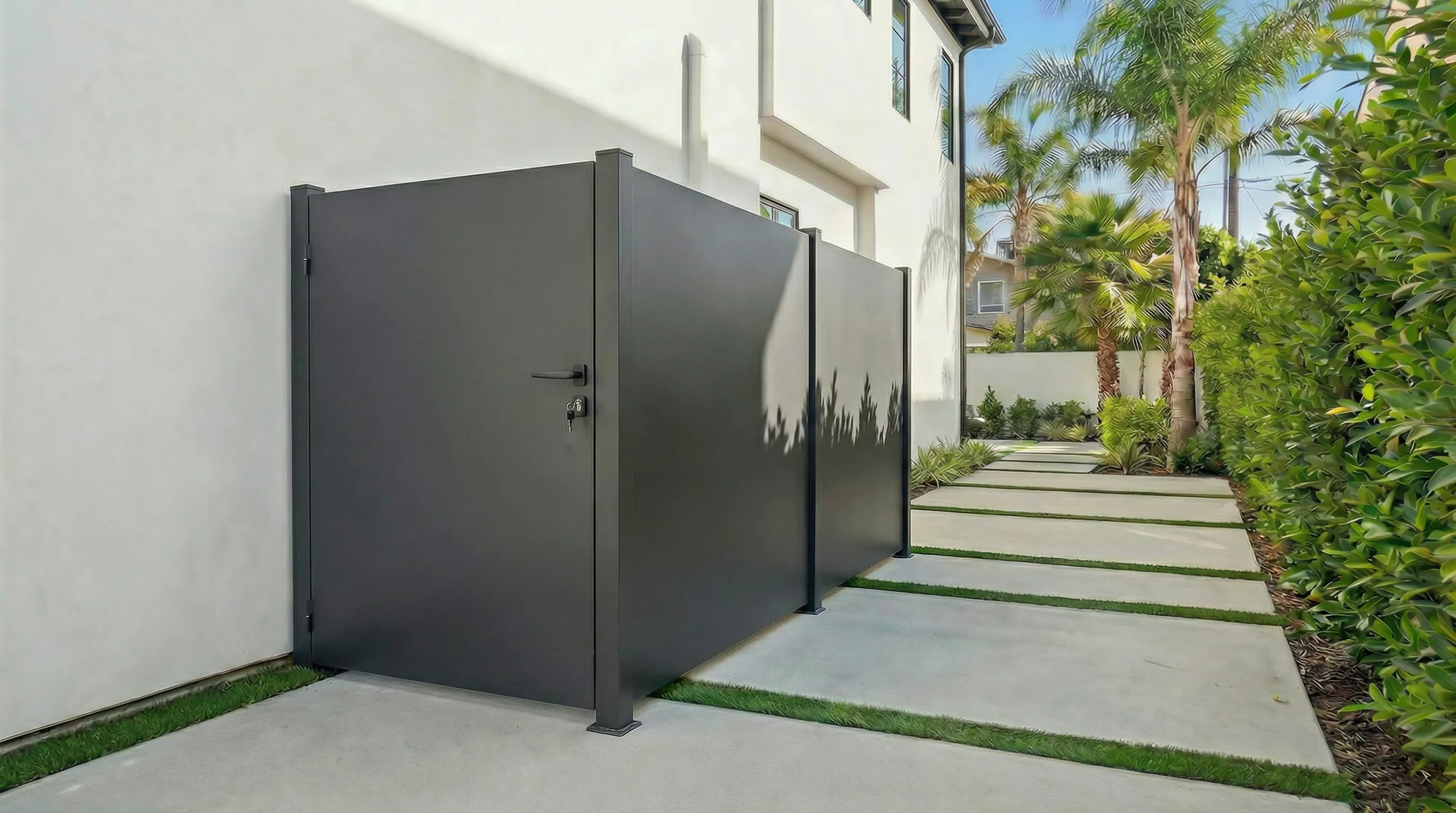 A louvred aluminum enclosure screening mechanical equipment.