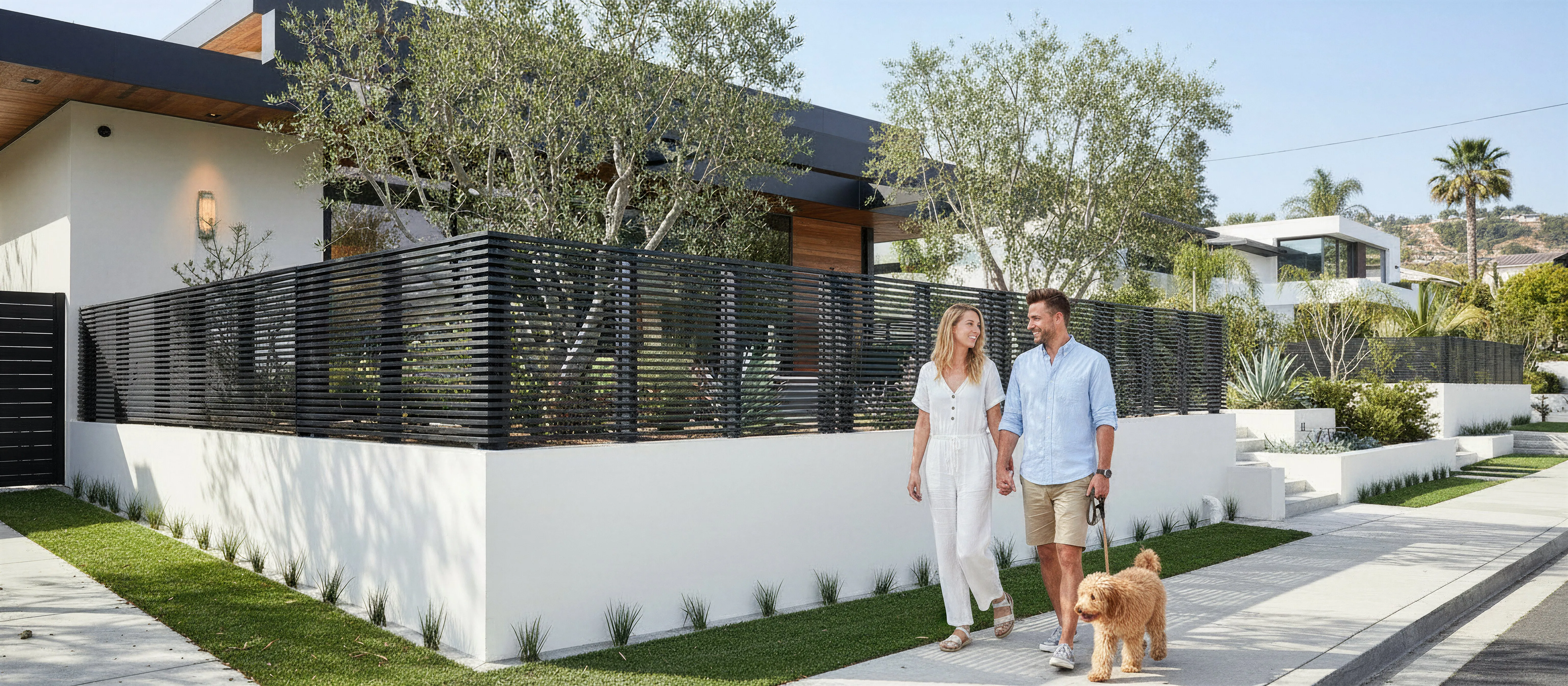 A run of aluminum fencing along a property boundary.