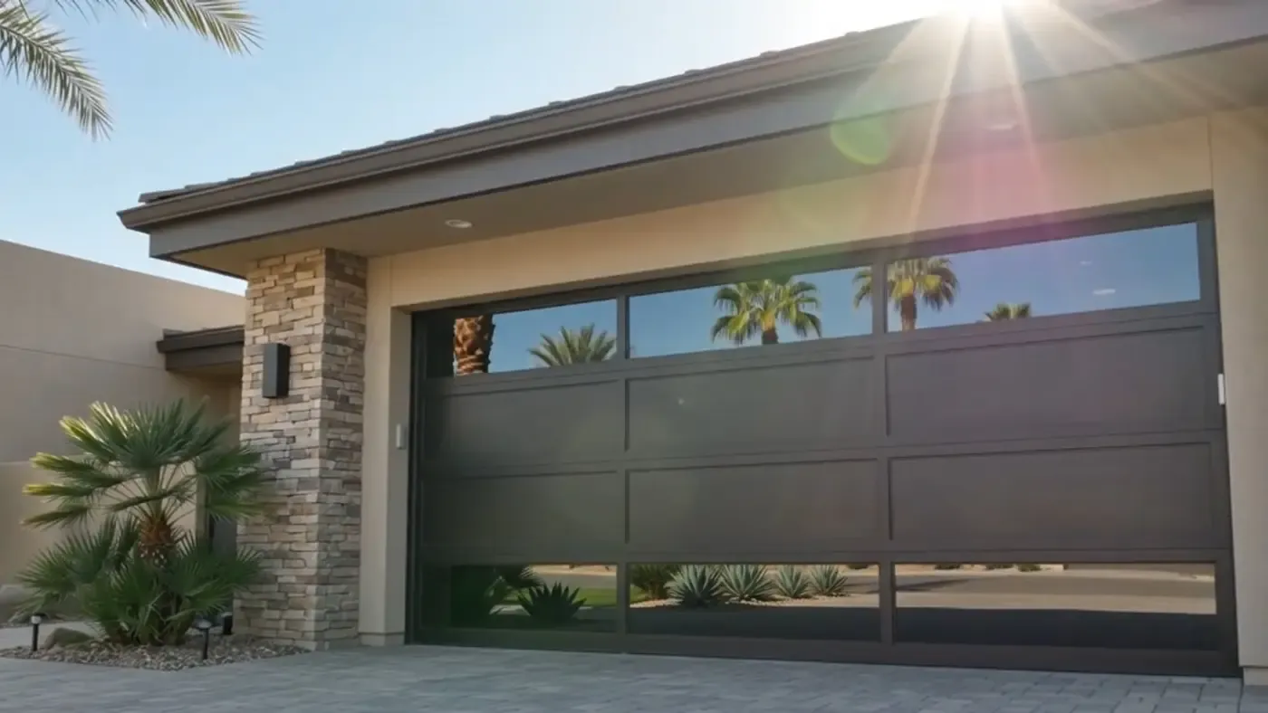 An aluminum garage door on the front elevation of a house.