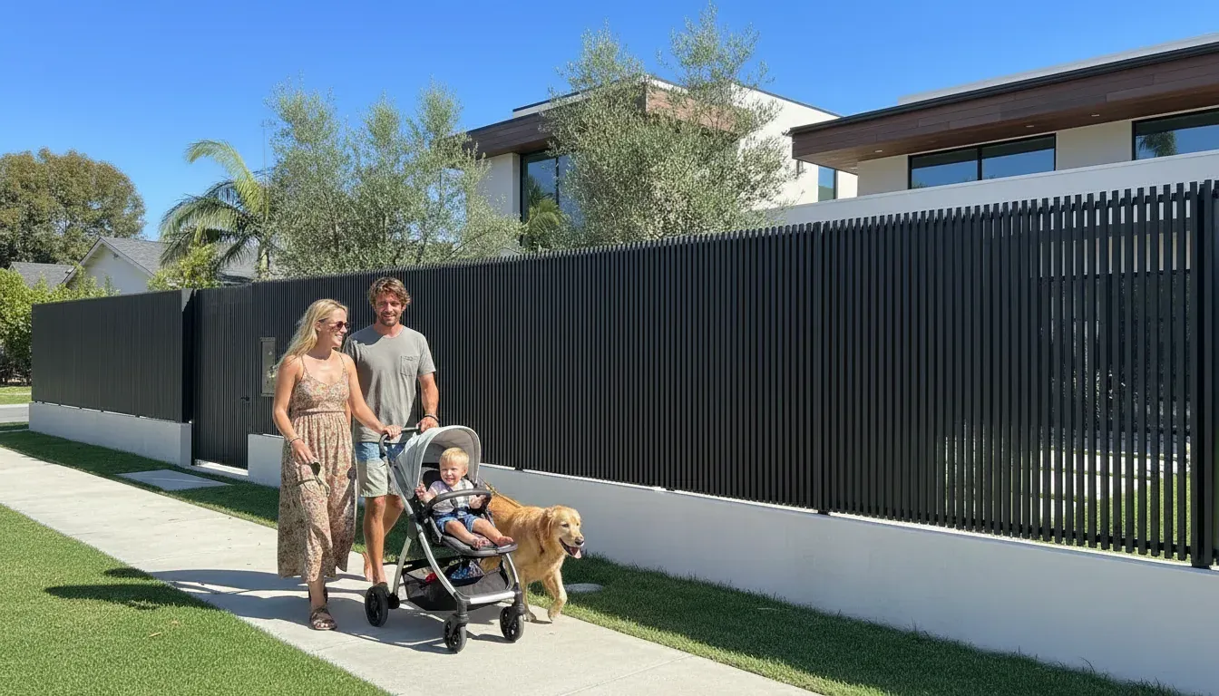A custom aluminum driveway gate on a Southern California home
