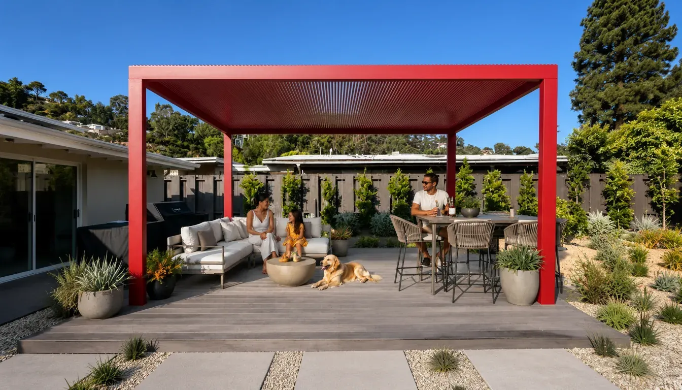 A red aluminum pergola over a paved terrace, with two people and a dog in the seating area