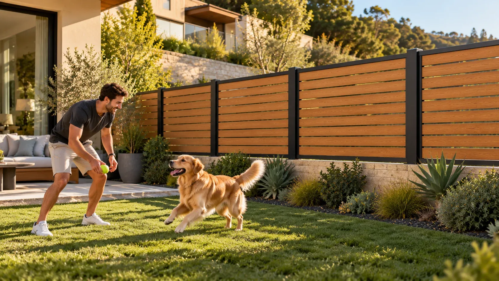 A homeowner playing fetch on a lawn with a golden retriever, in front of a wood-look aluminum slat fence