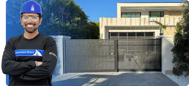 Harout, a Mulholland installer, in front of a finished Mulholland gate