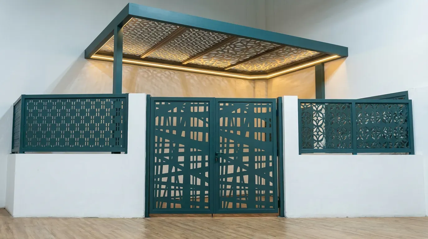 A laser-cut aluminum gate panel