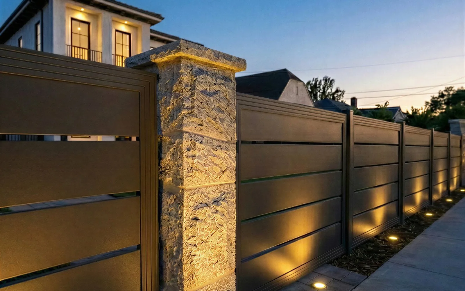 A horizontal-slat aluminum fence in dark bronze running between stone pillars, lit from below at dusk.