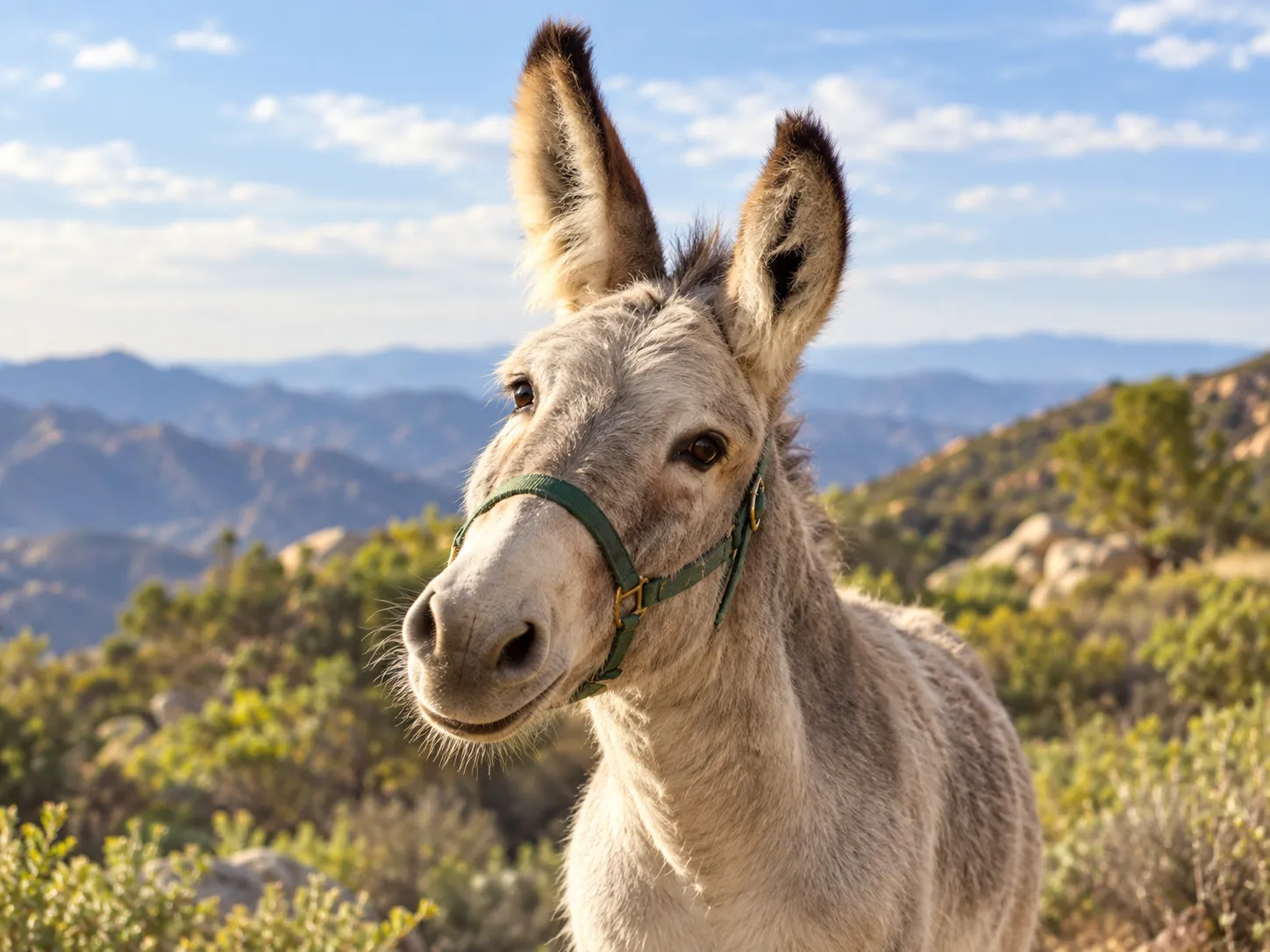 Morris, a pale grey donkey in a green halter, looking at the camera on a sunlit ridge
