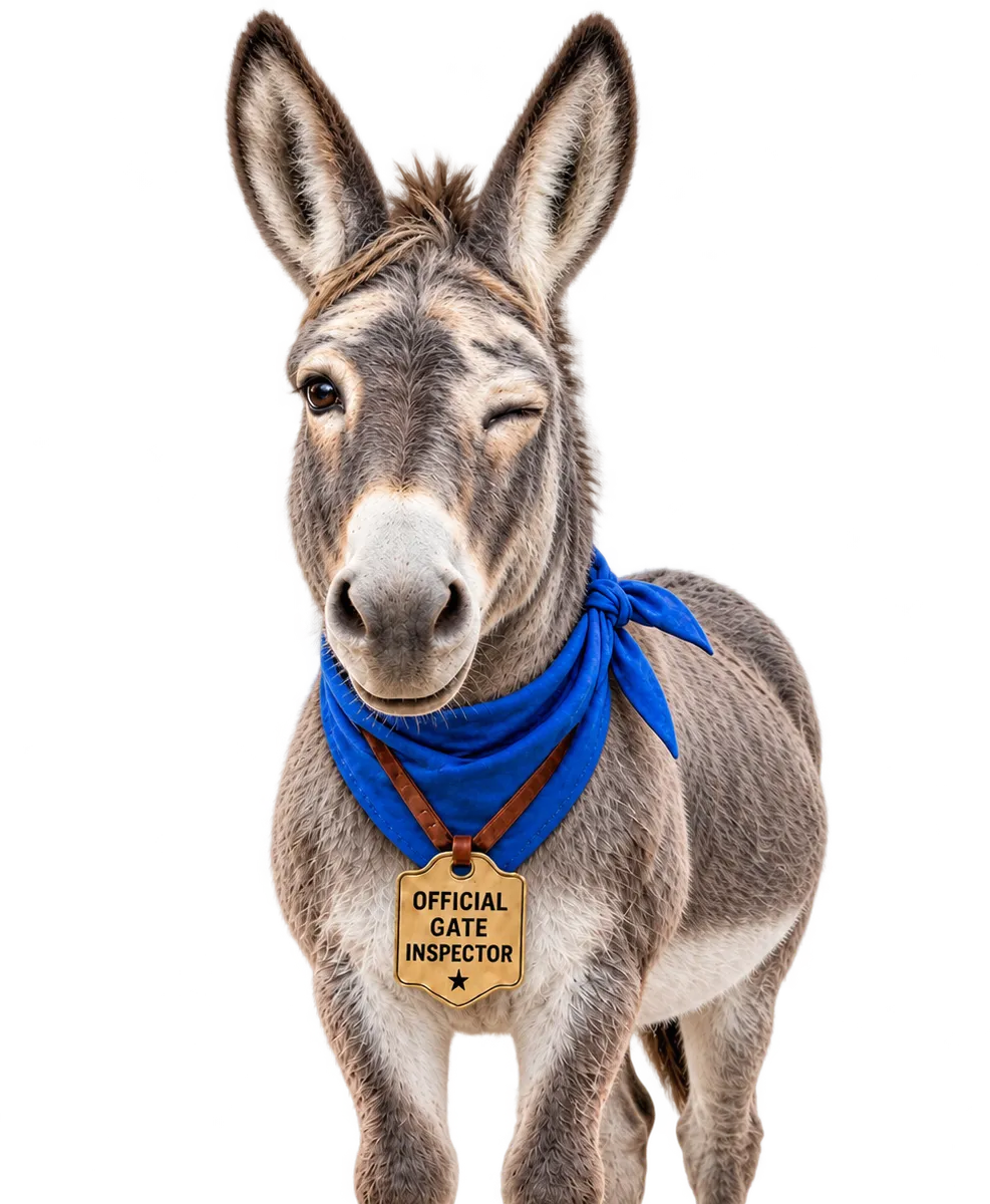 Myka, a grey donkey in a blue bandana and an Official Gate Inspector badge, winking