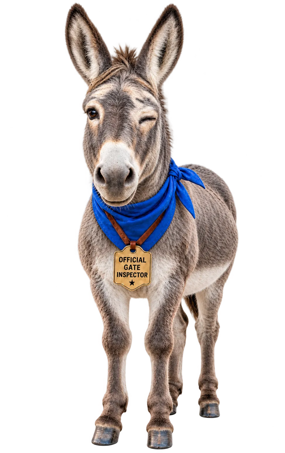 Myka, a grey donkey in a blue bandana and an Official Gate Inspector badge, winking
