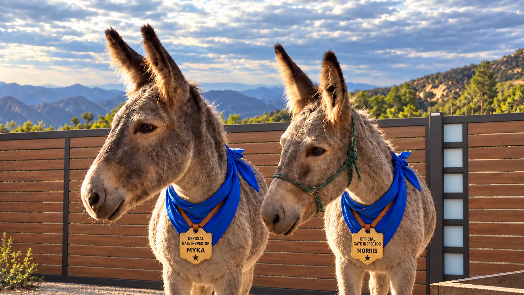 Myka and Morris side by side in blue bandanas and inspector badges, in front of a slatted fence with mountains behind