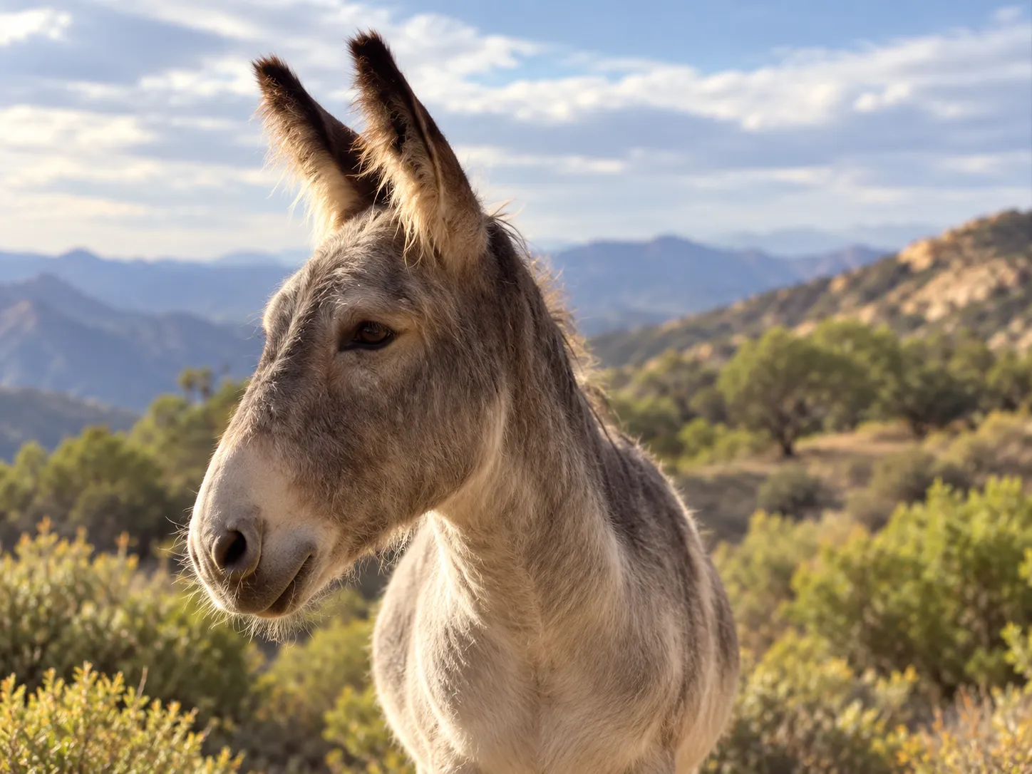 Myka, a grey donkey, in profile on a sunlit ridge above the Malibu hills
