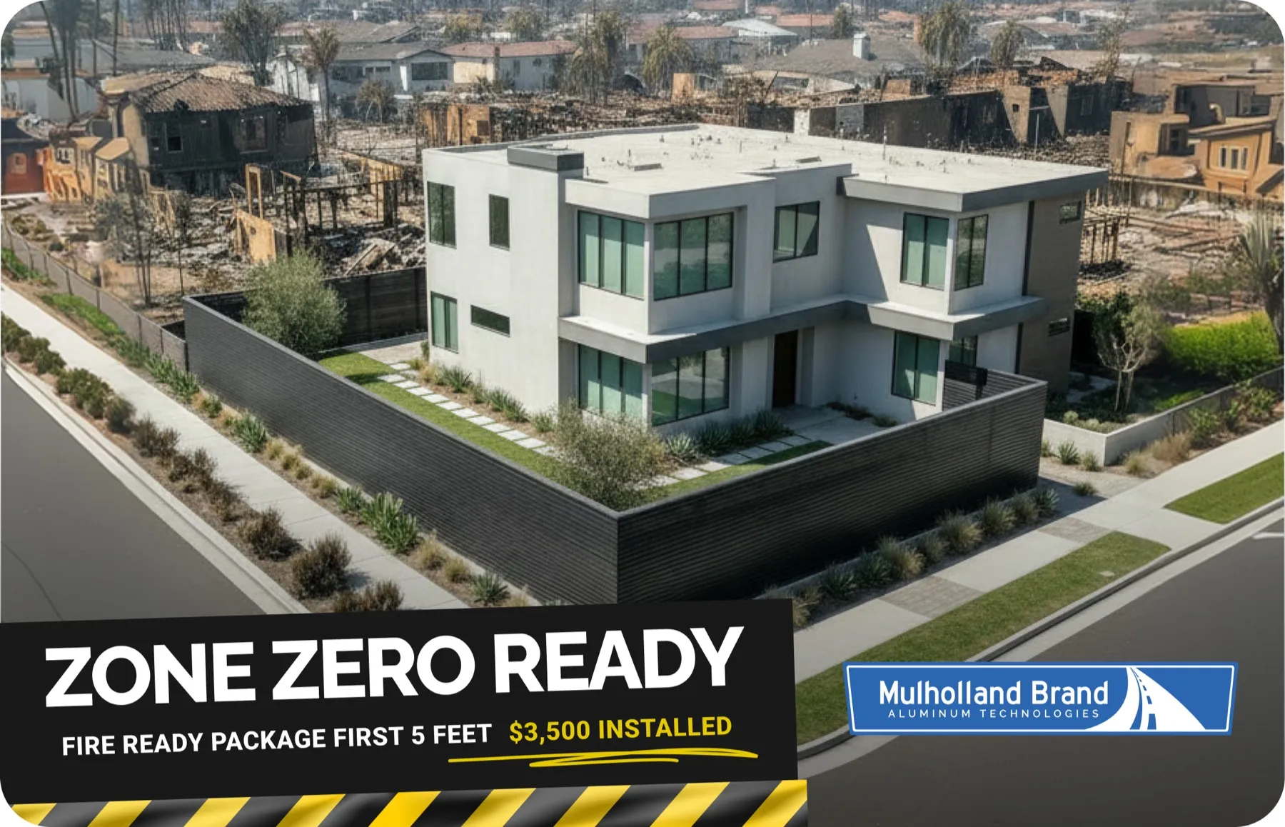 An aerial view of a modern white house standing undamaged and surrounded by aluminum fencing, in a street of houses burned to their foundations. A band across the image reads: Zone Zero Ready — Fire Ready Package, first 5 feet, $3,500 installed.