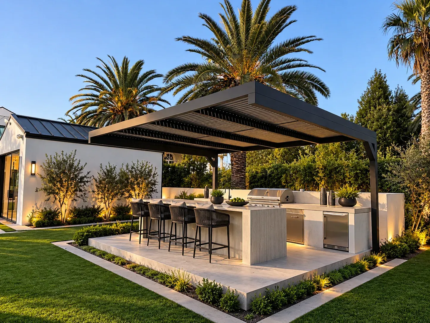 A freestanding dark aluminum pergola over an outdoor kitchen and bar seating, lit at golden hour beside a lawn