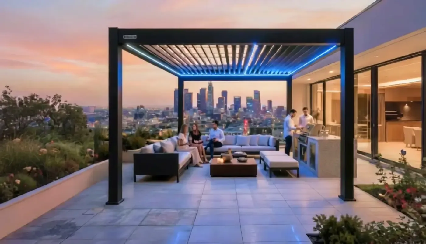 A freestanding aluminum pergola shading a patio.