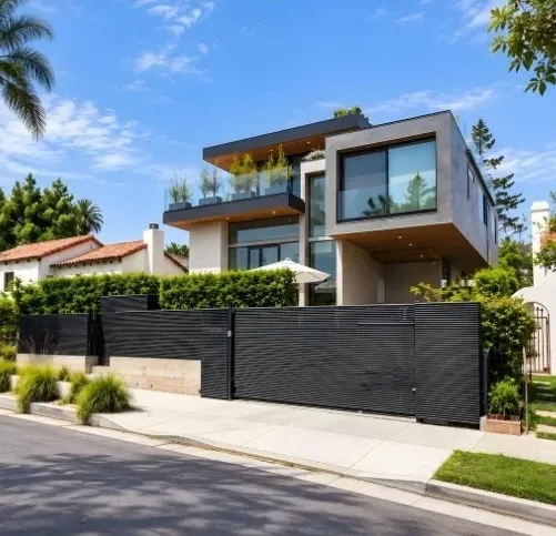 Black slat aluminum fence and driveway gate along a modern home with a roof terrace
