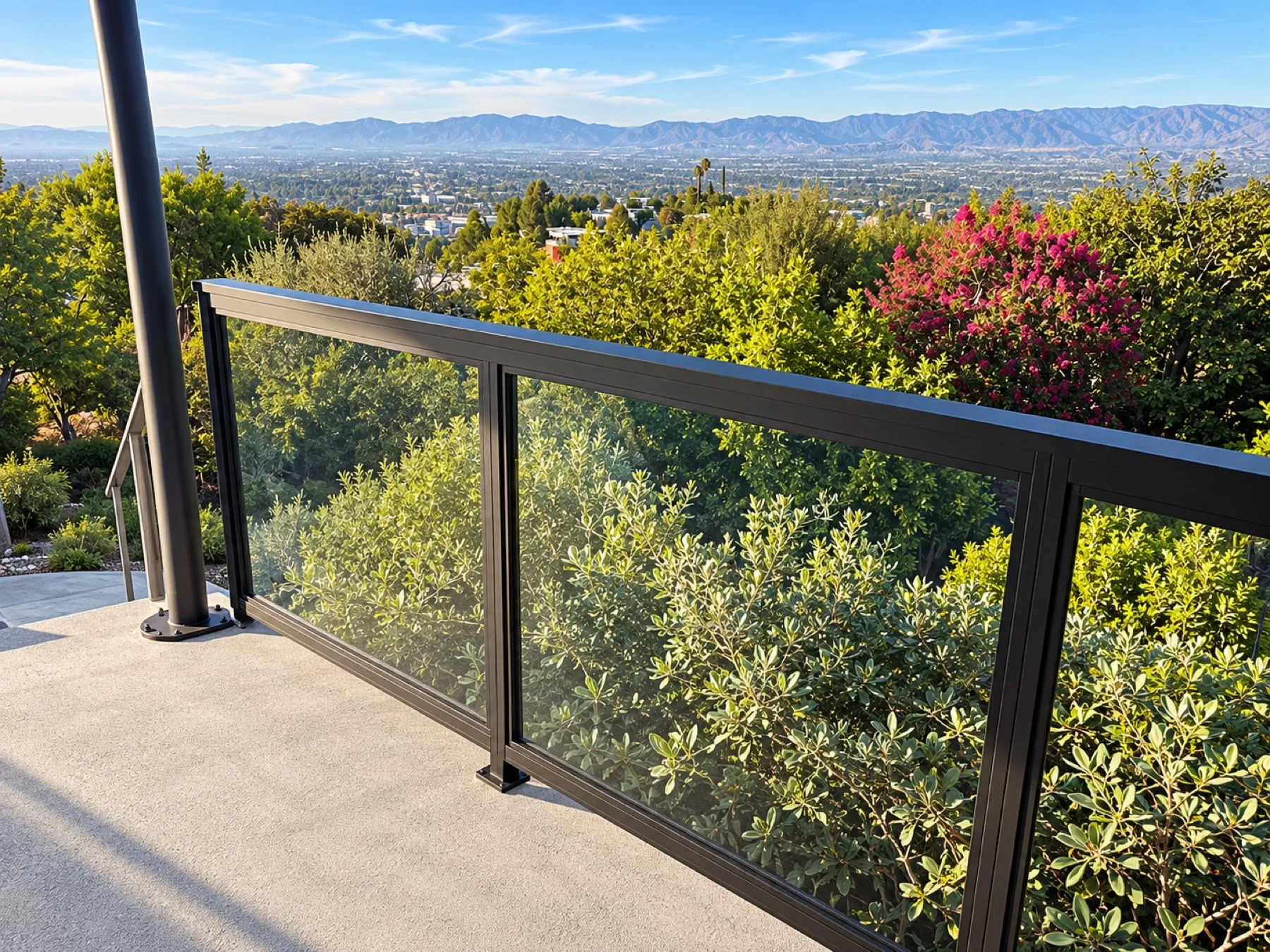 Black-framed glass railing installed by Mulholland Brand