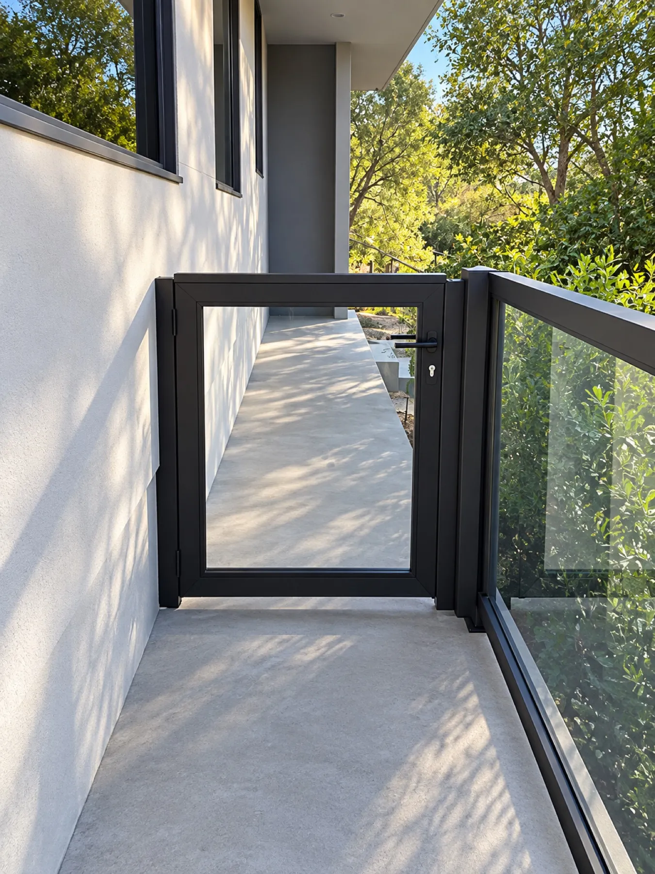 Black-framed glass railing installed by Mulholland Brand