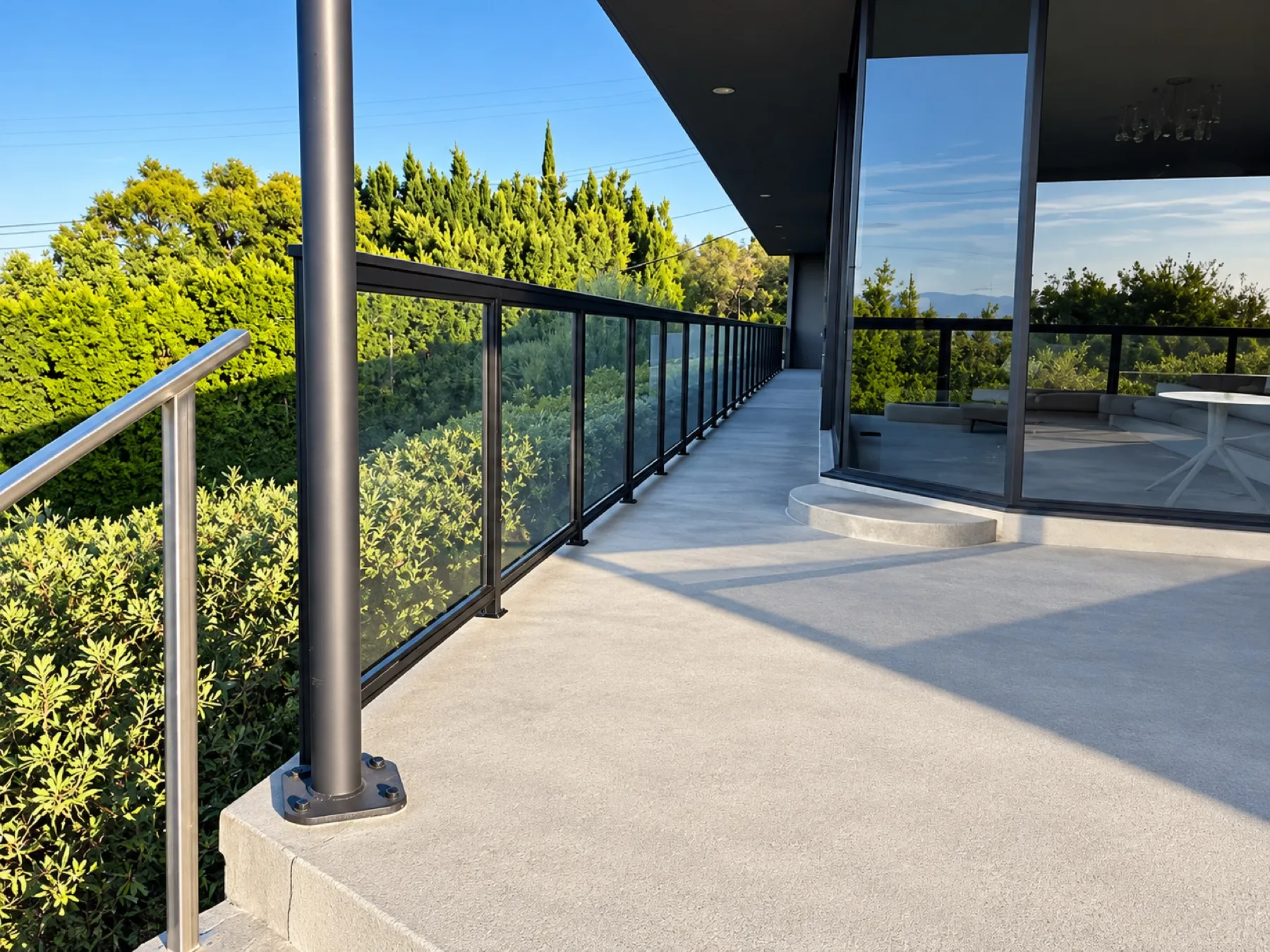 Black-framed glass railing installed by Mulholland Brand