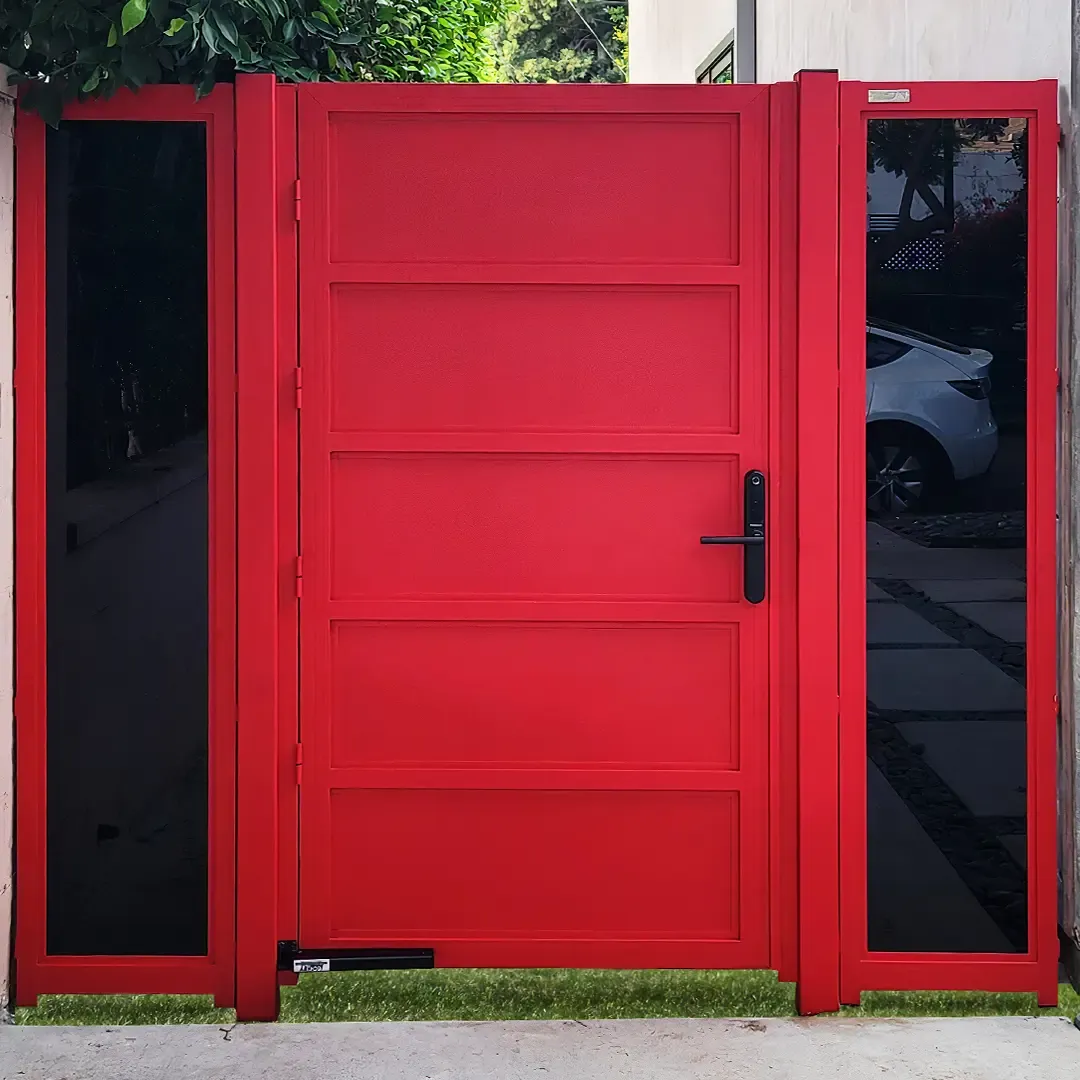 Red Solid Pedestrian Gate with Black Glass Panels, installed by Mulholland Brand