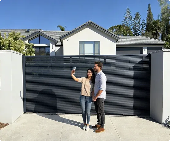 A couple takes a selfie in front of their new dark horizontal-slat aluminum driveway gate