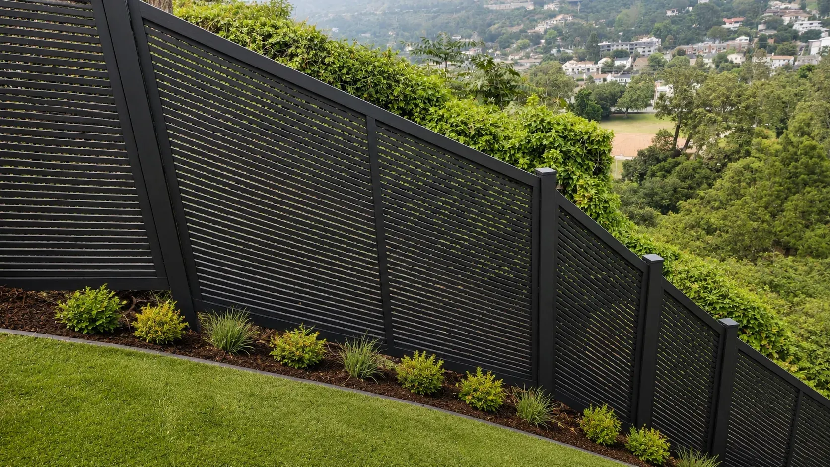 A dark aluminum slat fence running along a hillside above a valley, its panels stepping down with the grade