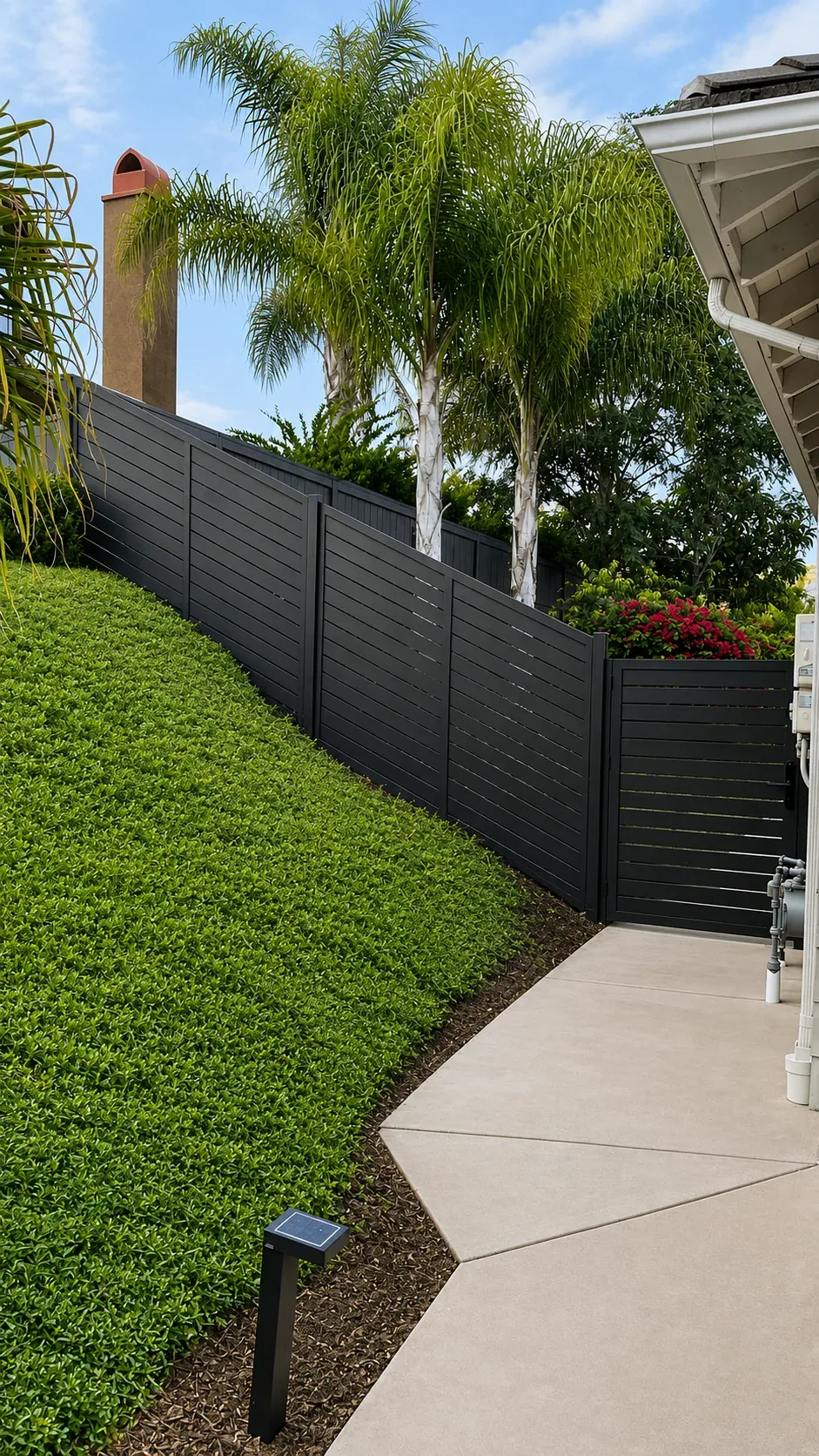 Dark aluminum fencing curving along a sloping lawn beside a path, each panel set to the fall of the ground
