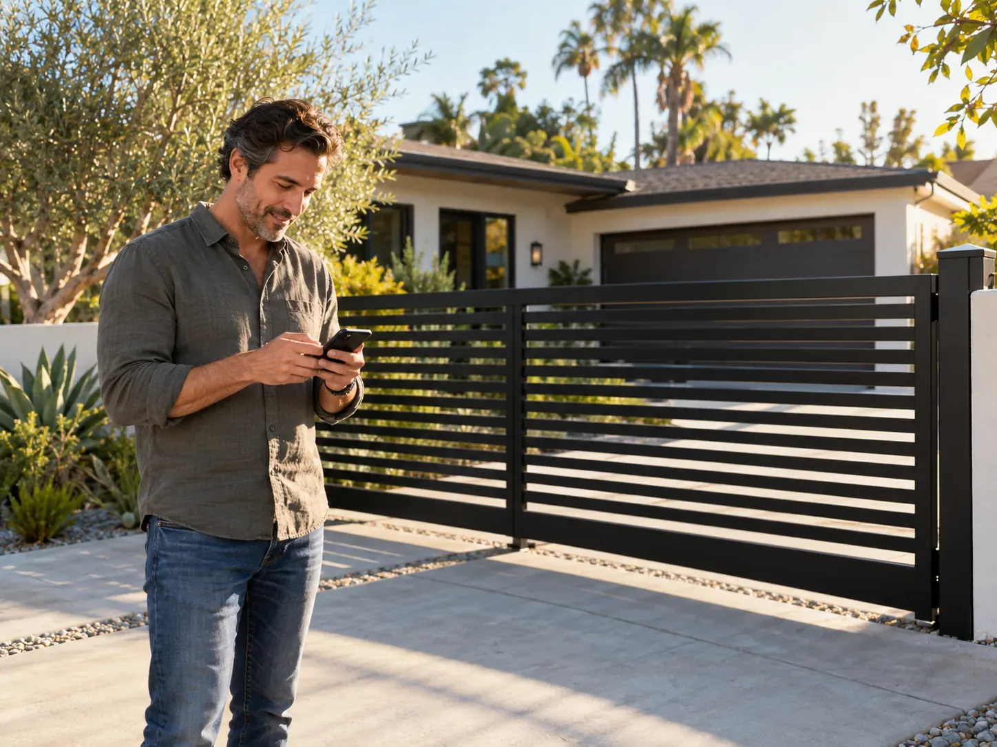 A homeowner registering his warranty on his phone beside a new black aluminum gate