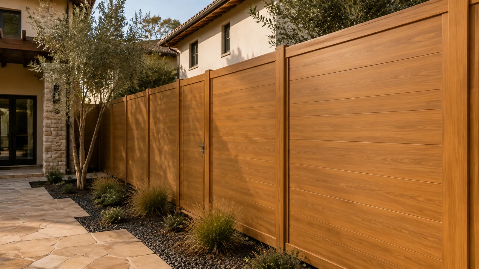 Wood-Like aluminum fencing, Cedar, completed installation