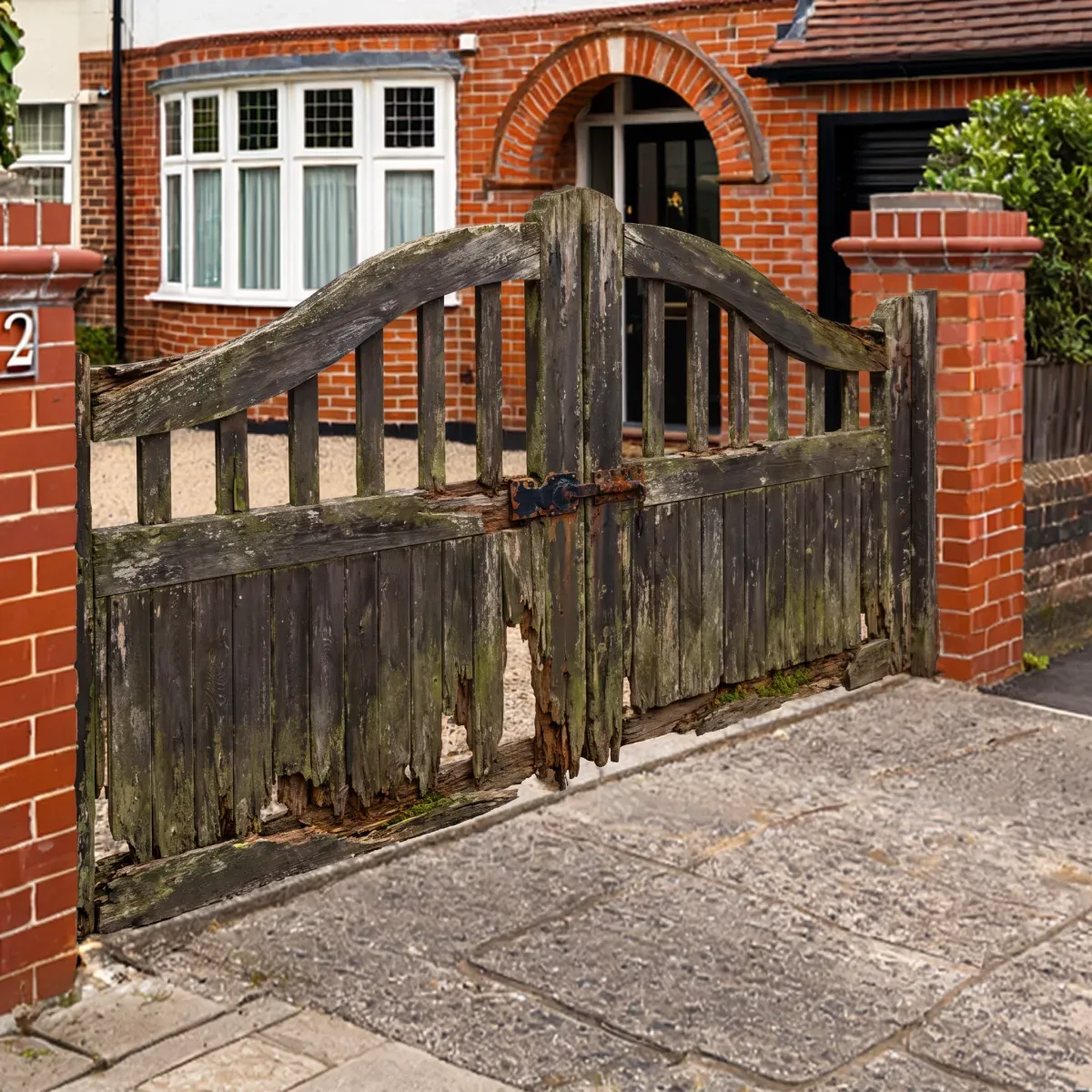 The same timber gate weathered grey and green: the finish gone, boards split and rotted through at the base, hinges rusted.