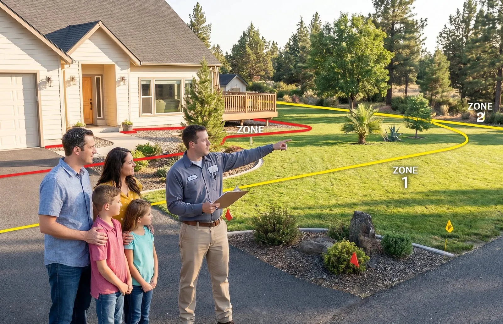 A family standing on their driveway with a fire inspector, who is pointing out across the property. The three defensible space zones are drawn over the ground as coloured boundary lines running from the house out to the treeline.