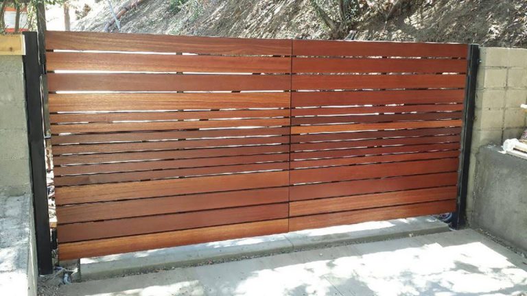 Horizontal slated wood driveway gate