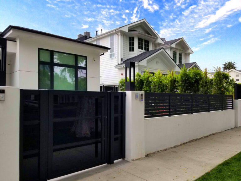 Black Glass Front Gate and Profile 24 fencing, Mulholland brand