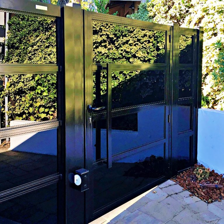 Black aluminum and black glass entry gate