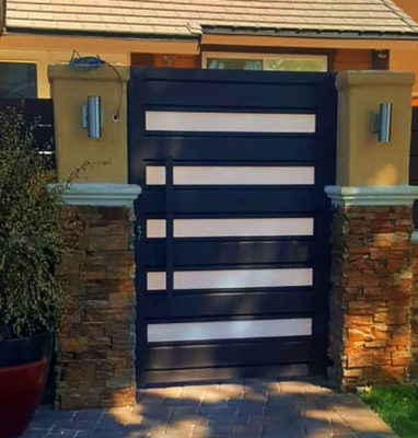 Black aluminum and glass entry gate