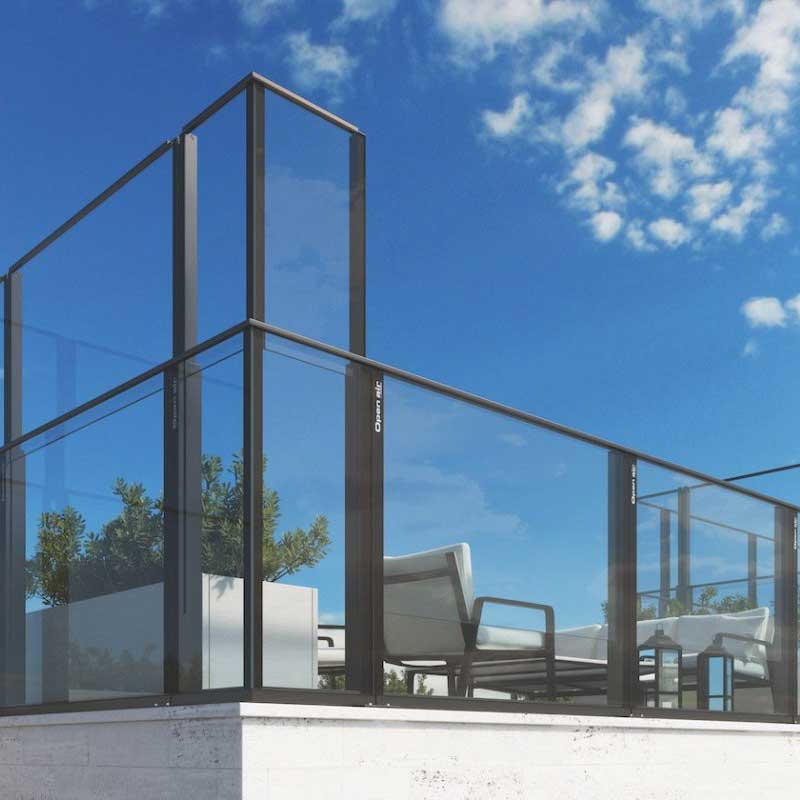 open air glass and aluminum corner railing