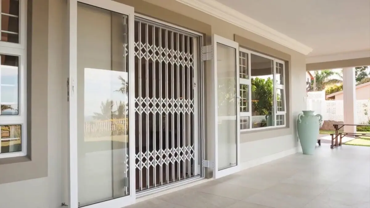 Dark security barrier across a poolside opening