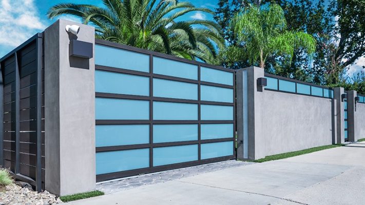 Gray and White Glass Aluminum Security Driveway Gate