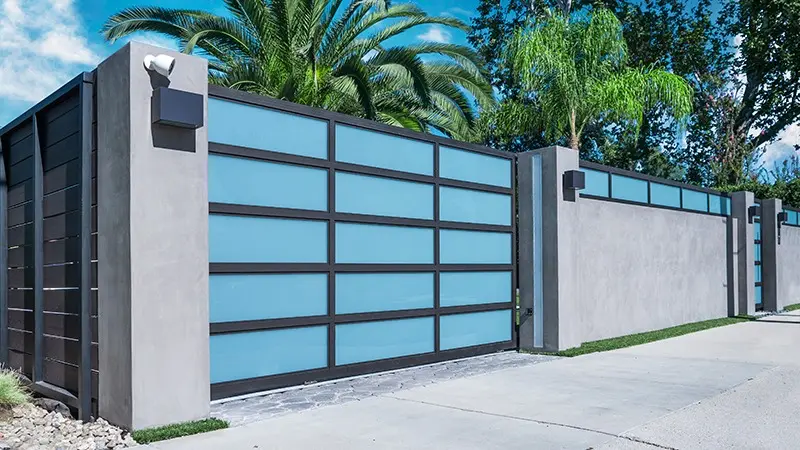 Gray and White Glass Aluminum Security Driveway Gate