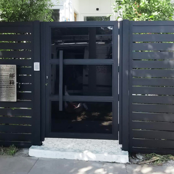 Black Glass Front Gate and Profile 24 fencing, Aluminum glass gate, Mulholland brand, gates and fences, Mulholland gates